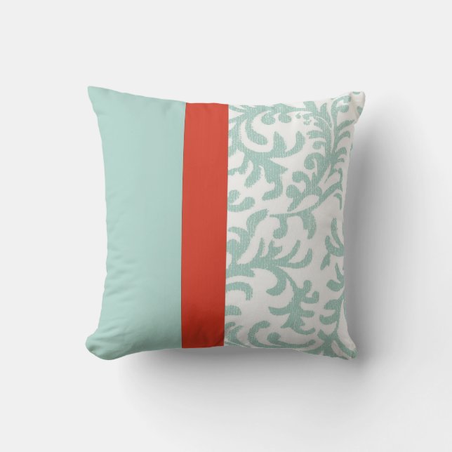 Red and Teal Blue Floral Damask Throw Pillow (Front)