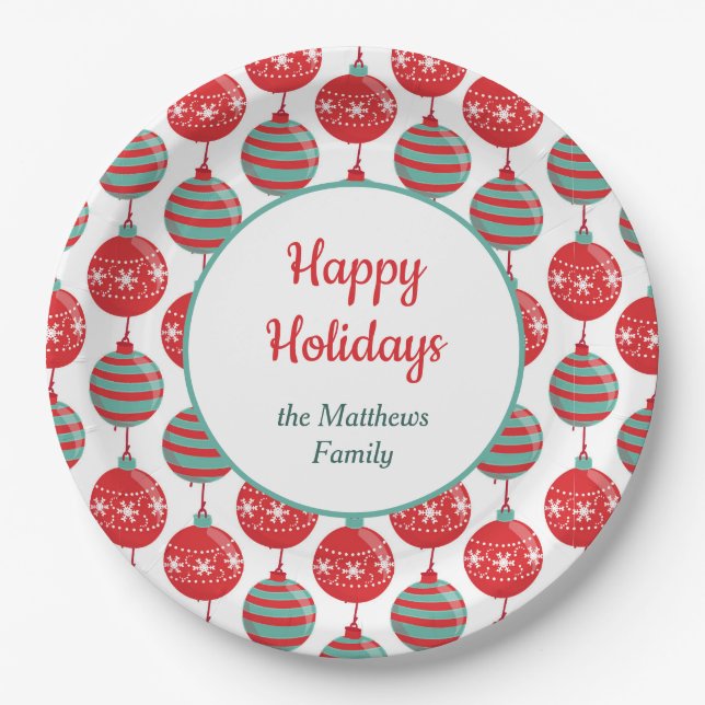 Red and Teal Christmas Bulbs Paper Plates (Front)
