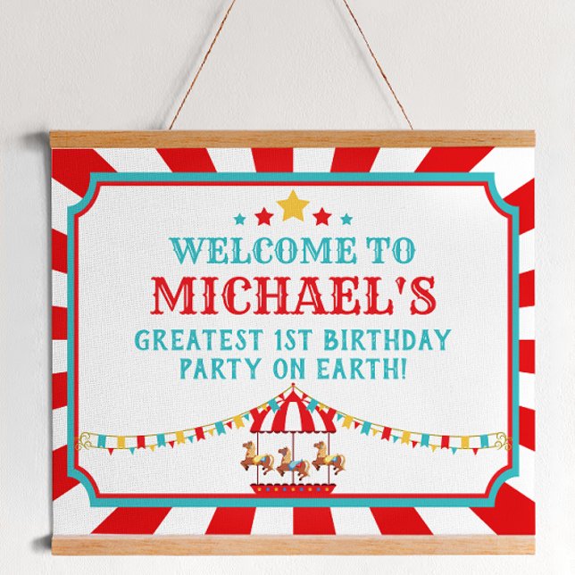 Red and Teal Circus Carnival Birthday Welcome Sign (Creator Uploaded)