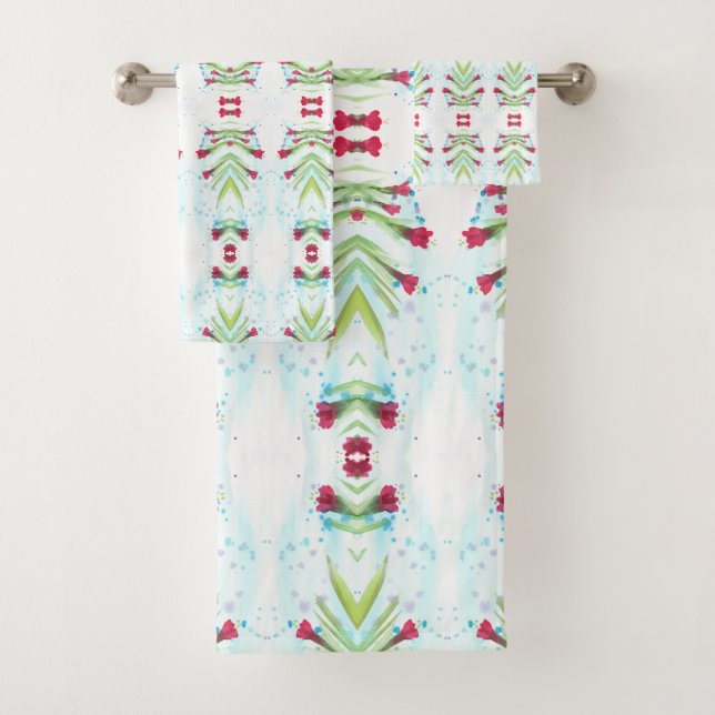 Red and Teal Floral Pattern Bath Towel Set (Insitu)
