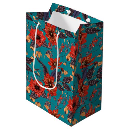 Red and Teal Floral Pattern Medium Gift Bag
