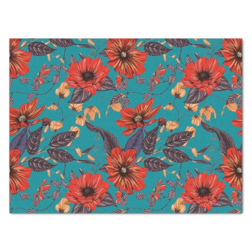 Red and Teal Floral Pattern Tissue Paper