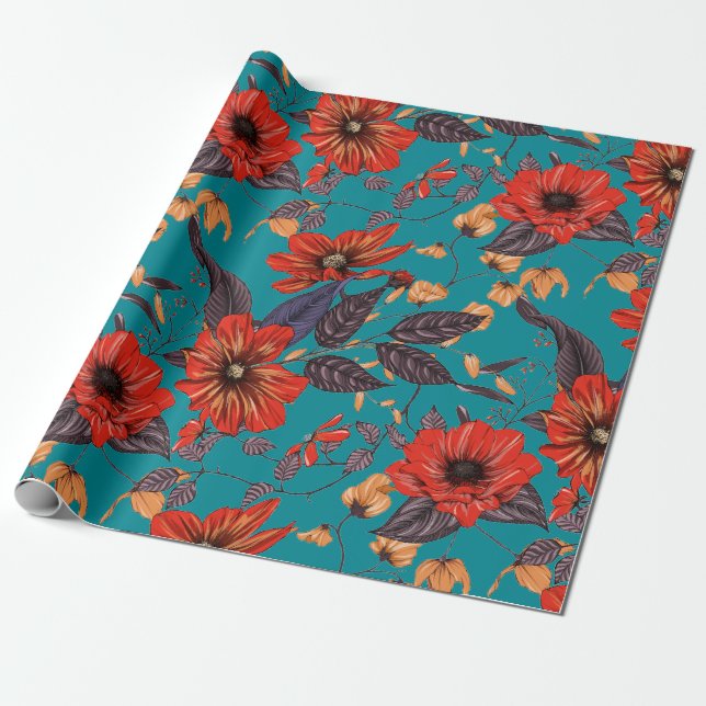 Red and Teal Floral Pattern Wrapping Paper (Unrolled)