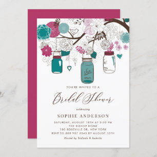 Red and Teal Mason Jars Bridal Shower Invitation