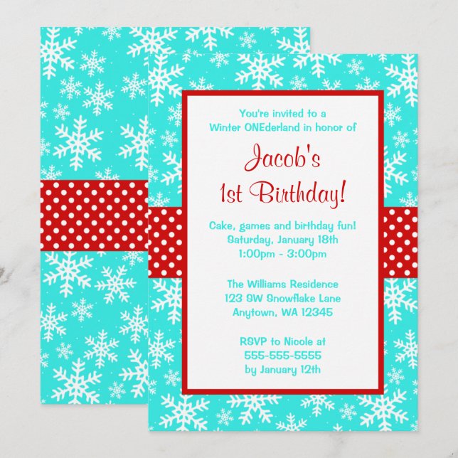 Red and Teal Snowflakes Winter Onederland Invitation (Front/Back)