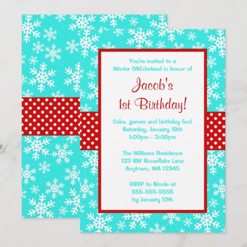 Red and Teal Snowflakes Winter Onederland Personalized Announcements