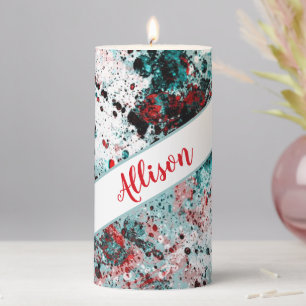 Red and teal splatters personalized pillar candle