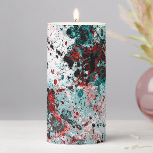 Red and teal splatters pillar candle