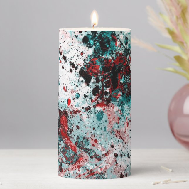 Red and teal splatters  pillar candle (In Situ)