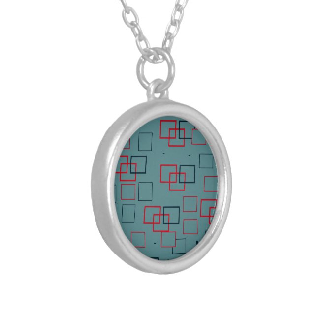 Red and Teal Squared Delight Silver Plated Necklace (Front Left)