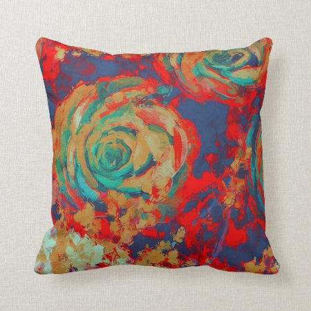 Red And Teal Vintage Floral Throw Pillow