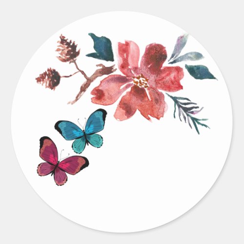 Red and Turquoise Butterflies and Flowers Classic Round Sticker
