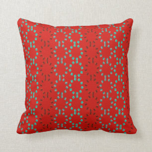 Red and Turquoise Dash Circles on Red Background Throw Pillow