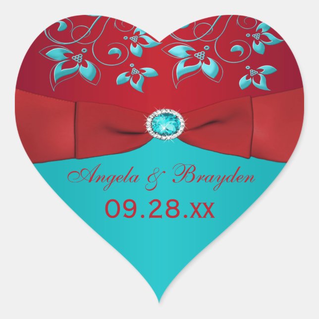 Red and Turquoise Floral Wedding Favor Sticker (Front)