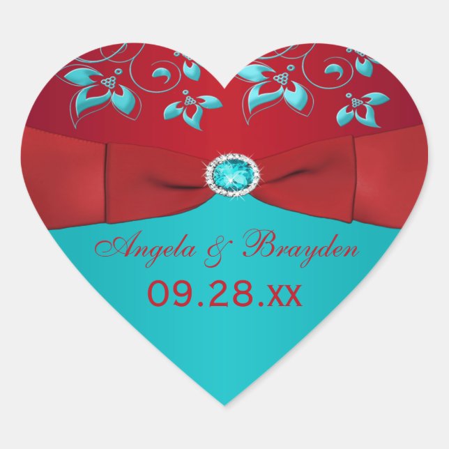 Red and Turquoise Floral Wedding Favor Sticker (Front)