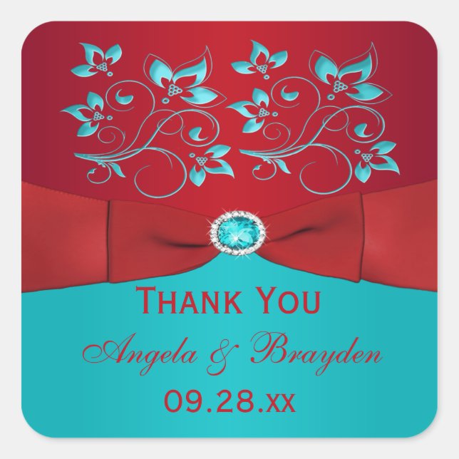 Red and Turquoise Floral Wedding Favor Sticker (Front)