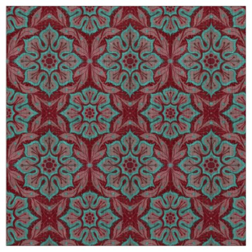 Red and turquoise flower floral arabesque Fabric