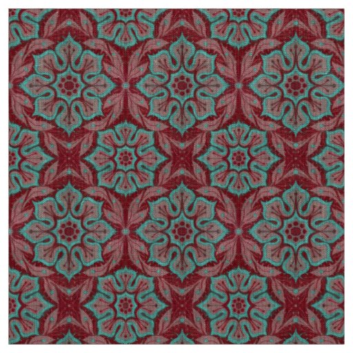 "Red and turquoise flower” floral arabesque Fabric