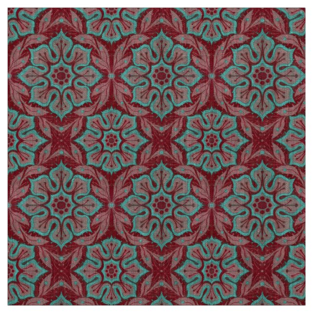"Red and turquoise flower” floral arabesque Fabric (Swatch)