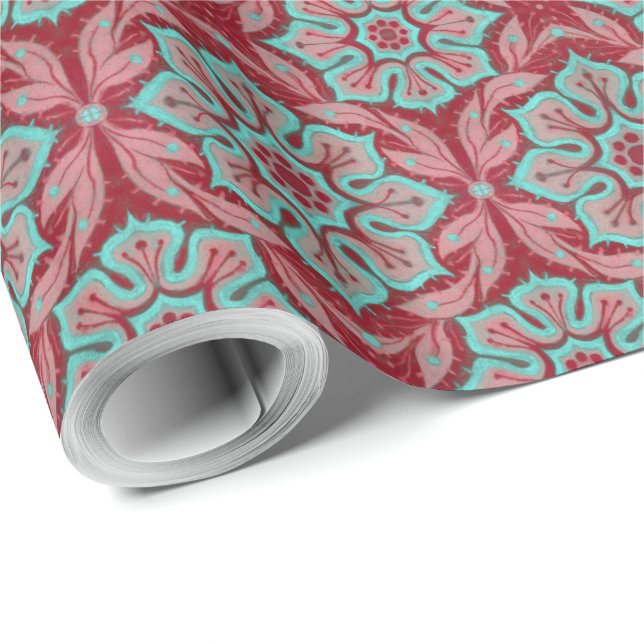 "Red and turquoise flower” floral arabesque Wrapping Paper (Roll Corner)