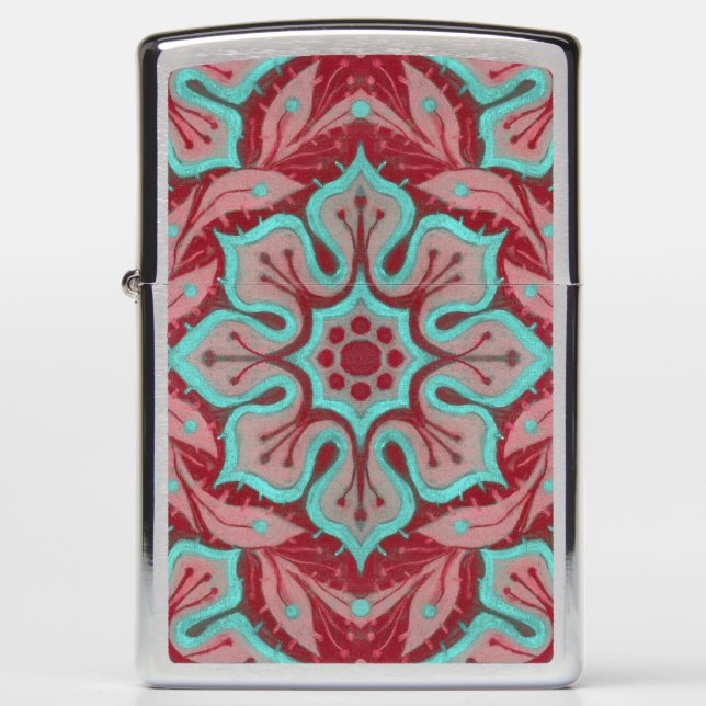 "Red and turquoise flower” floral arabesque Zippo Lighter (Front)
