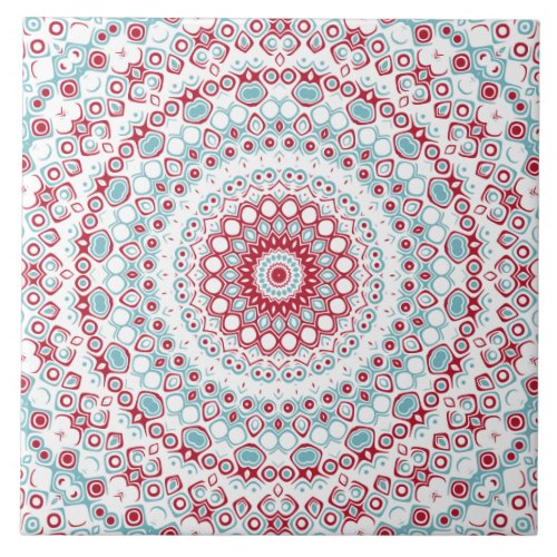 Red and Turquoise Flowery Mandala Design Ceramic Tile