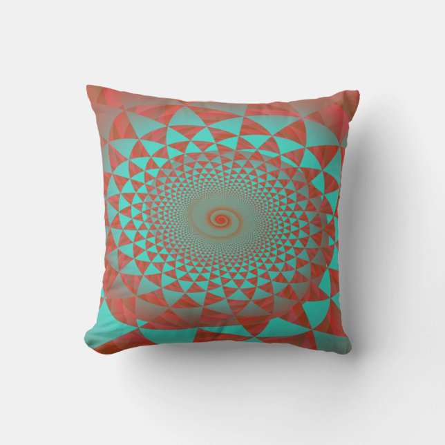 Red and Turquoise Spiral Abstract Throw Pillow (Front)