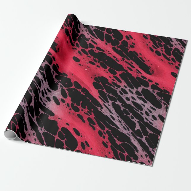 Red and Violet Paint Splatter Webbing Abstract Art Wrapping Paper (Unrolled)