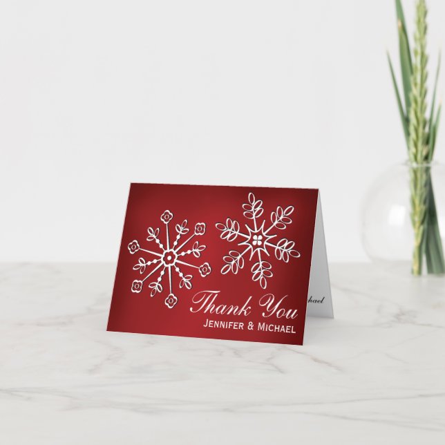 Red and Whi Snowflake Wedding Thank You Note Cards (Front)