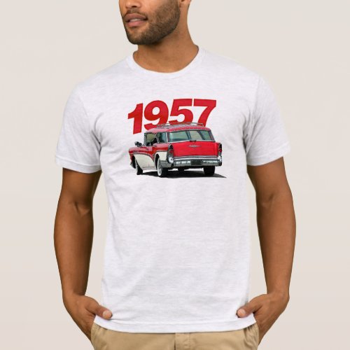 Red and white 1957 Buick station wagon t_shirt