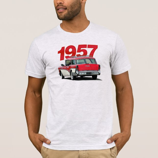 Red and white 1957 Buick station wagon t-shirt (Front)