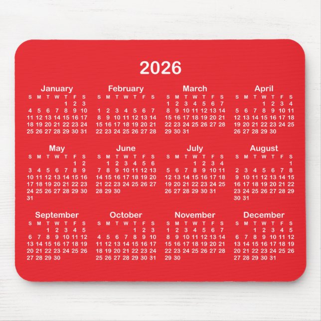 Red and White 2026 Calendar Mouse Pad (Front)