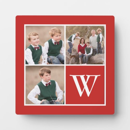 Red and White 3 Photo Collage Family Monogram Plaque