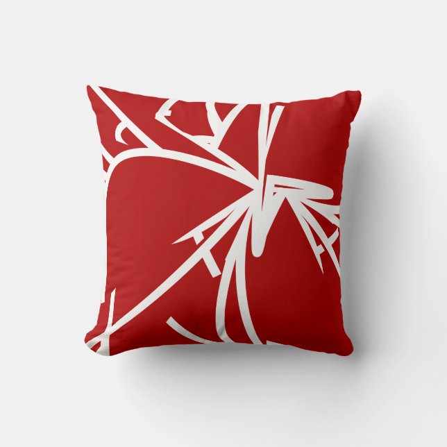 Red and White Abstract Bamboo Throw Pillow (Front)