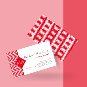Red and White Abstract Chevron Pattern Monogram Business Card