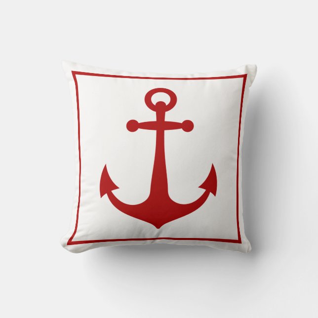 Red and White Anchor Nautical Boat Beach Throw Pillow (Front)