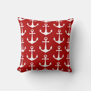 Red and White Anchor Pattern Nautical Boat Pool Throw Pillow