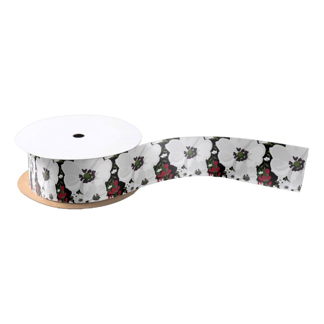 Red and White Anemone Blooms Pattern Floral Ribbon (Spool)