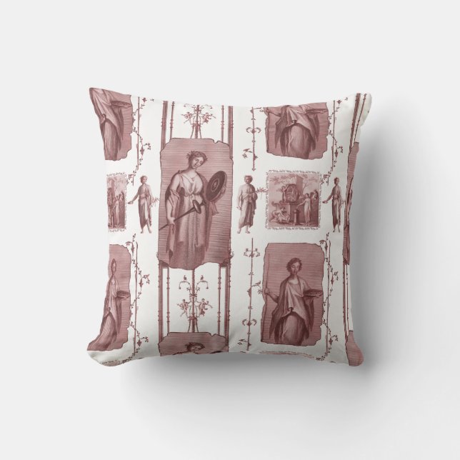 Red and White Antique Toile de Jouy Classical Throw Pillow (Front)