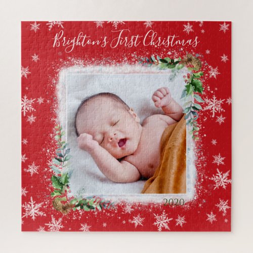 Red and White Babys First Christmas Photo Name Jigsaw Puzzle