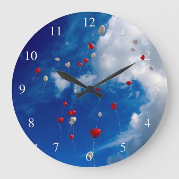 Red And White Balloons In The Sky Large Clock by RewStudio at Zazzle
