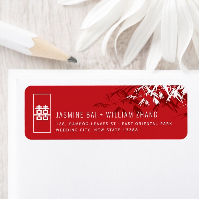 Red And White Bamboo Leaves Asian Wedding Addres Label (Insitu)