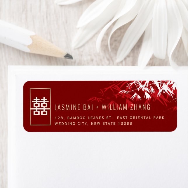 Red And White Bamboo Leaves Asian Wedding Addres Label (Insitu)