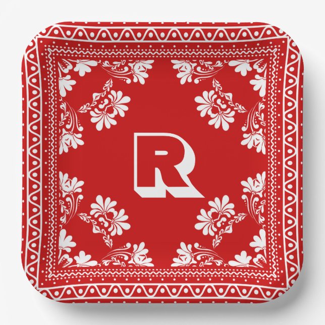 Red and White Bandana Design With Monogram Paper Plates (Front)