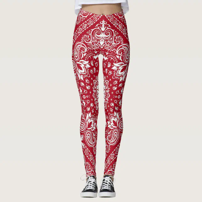 Red and white bandana print leggings for women