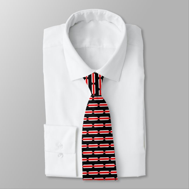 Red and White Bars Terrazzo Pattern Neck Tie (Tied)