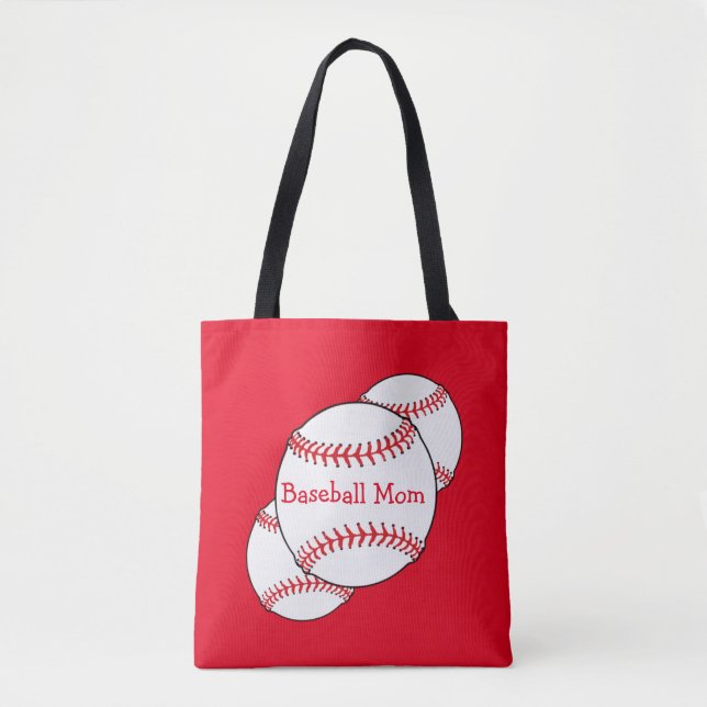 Red and White Baseball Mom Sports Tote Bag (Front)