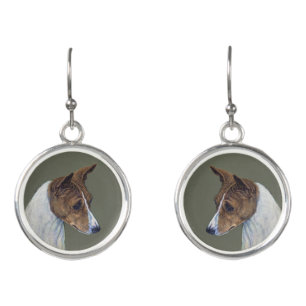 Red and White Basenji Hound Art Earrings