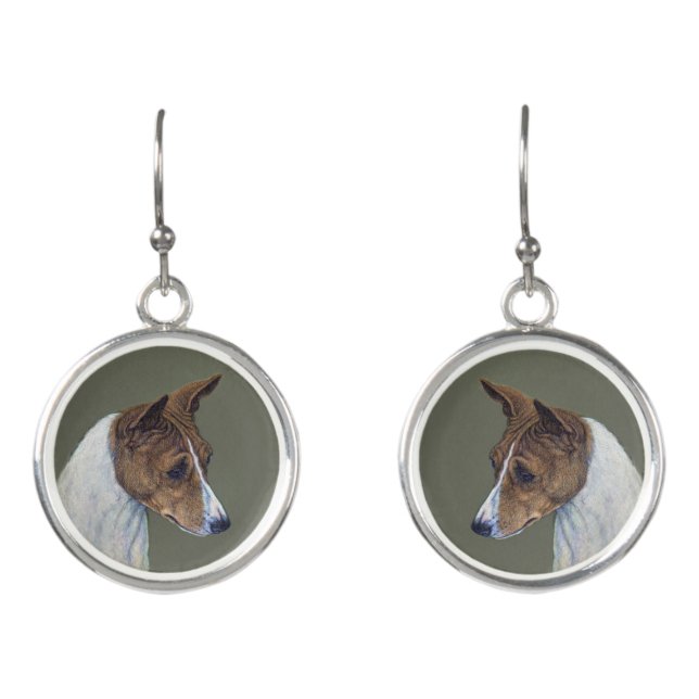Red and White Basenji Hound Art Earrings (Front)
