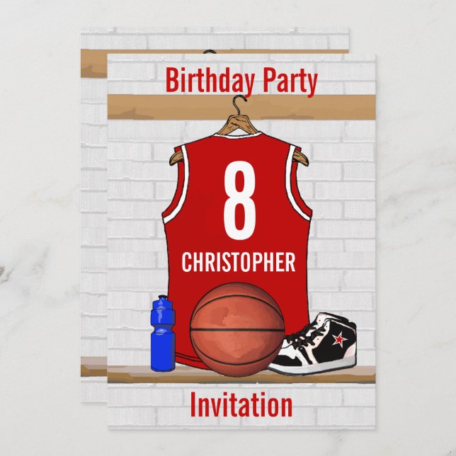 Red and White Basketball Jersey Birthday Party Invitation (Front/Back)
